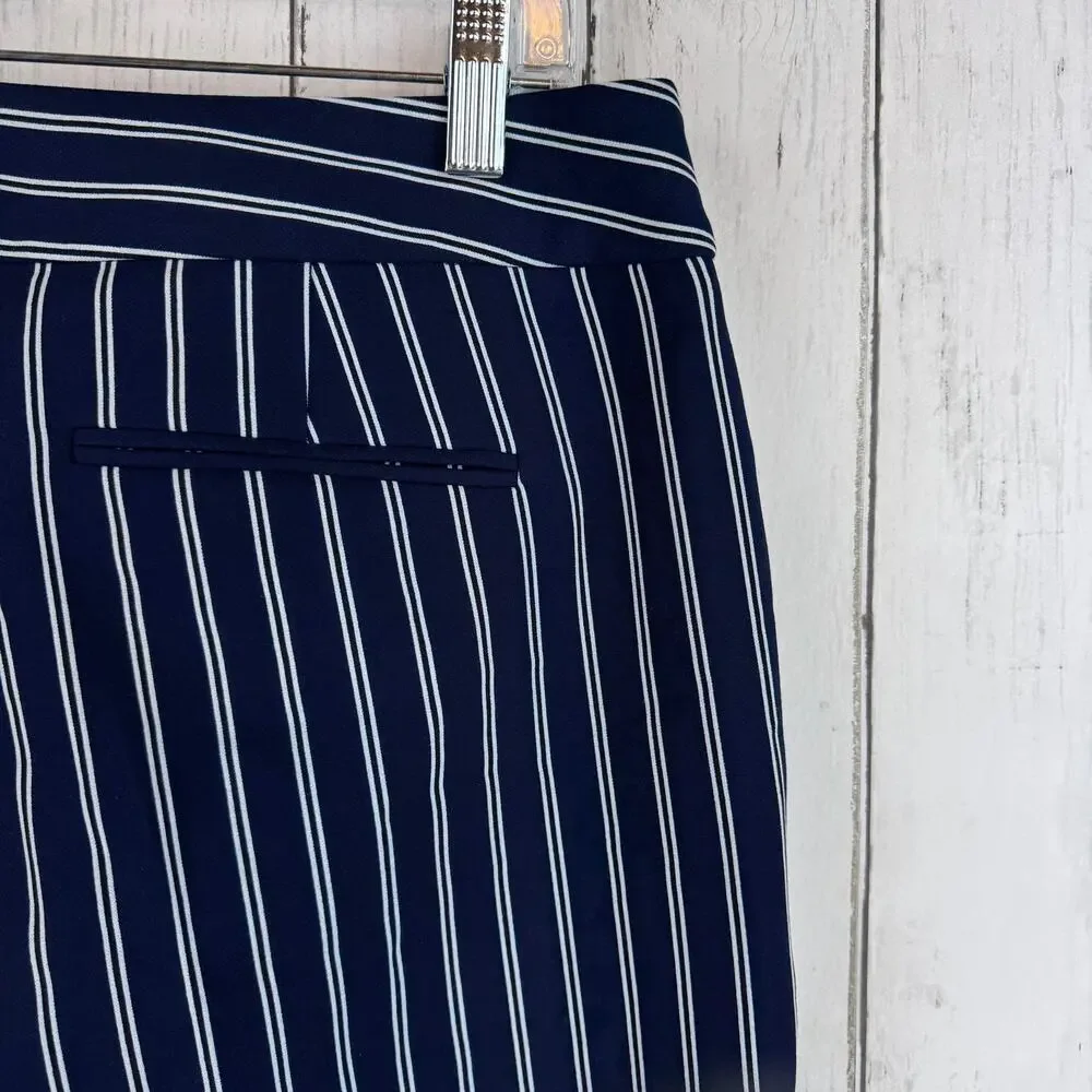 Hugo Boss Navy White Striped Tebella Cropped Bootcut Dress Pant Side Zip Size 8